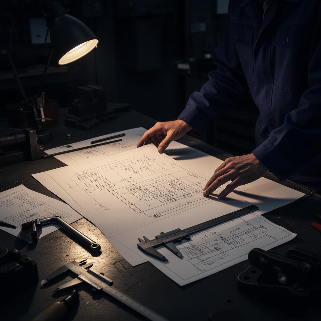 Engineer reviewing technical schematics